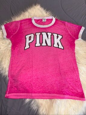 PINK Victoria's Secret Bright Pink Ringer Tee with White Trim